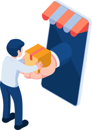 Homem recebendo encomenda do serviço de entrega em mãos por meio de smartphone  Ilustração