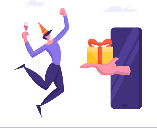 Homem recebendo presente de aniversário online  Ilustração