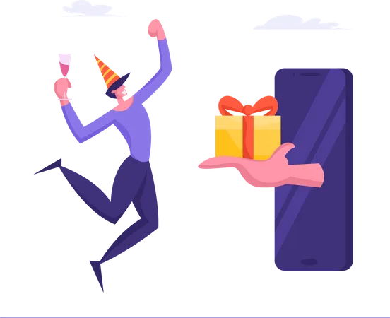 Homem recebendo presente de aniversário online  Ilustração