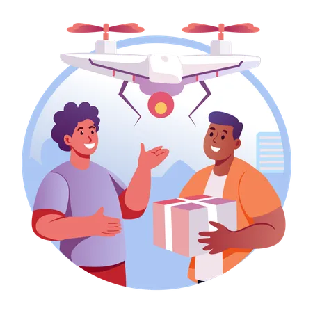 Homem recebendo entrega de drone  Ilustração