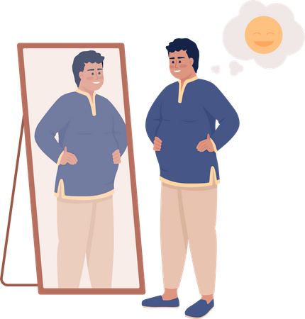 Homem gordo com roupas indianas perto do espelho  Ilustração