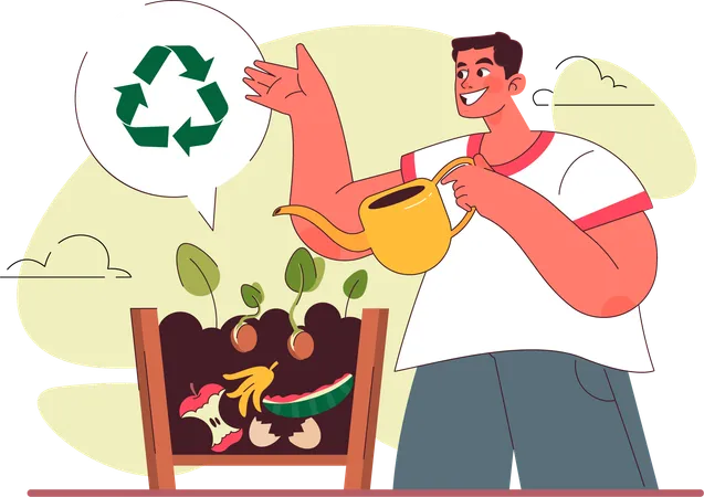 Homem reciclando resíduos no fertilizante da planta  Ilustração