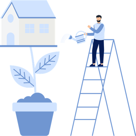 Homem regando planta doméstica na escada  Ilustração