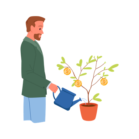 Homem regando planta de dinheiro  Ilustração