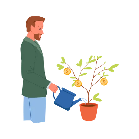 Homem regando planta de dinheiro  Ilustração