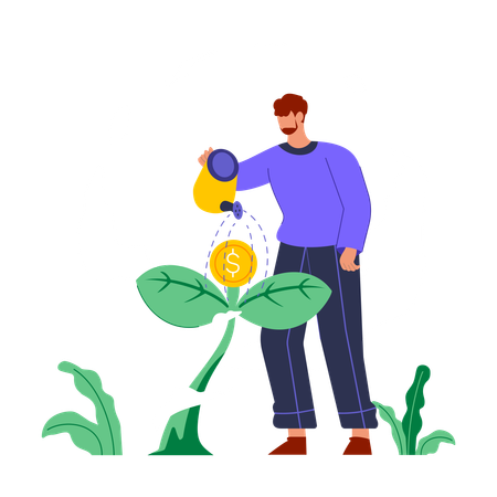 Homem regando planta de dólar  Ilustração