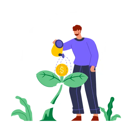 Homem regando planta de dólar  Ilustração