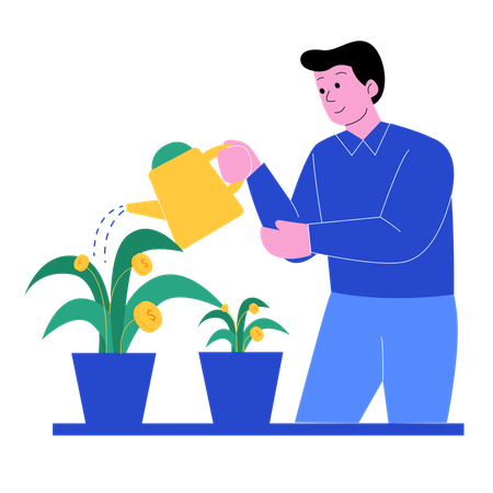 Homem regando plantas com moedas Crescimento  Ilustração