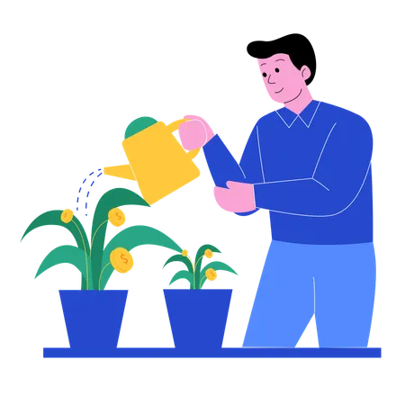 Homem regando plantas com moedas Crescimento  Ilustração