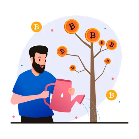 Homem regando e cultivando árvore bitcoin  Ilustração