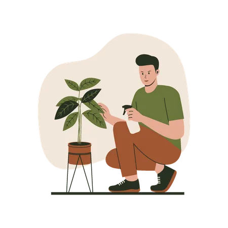 Homem regando plantas em vasos  Ilustração