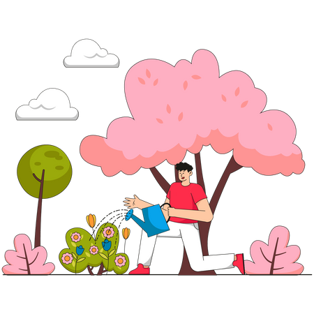 Homem regando plantas usando regador  Ilustração