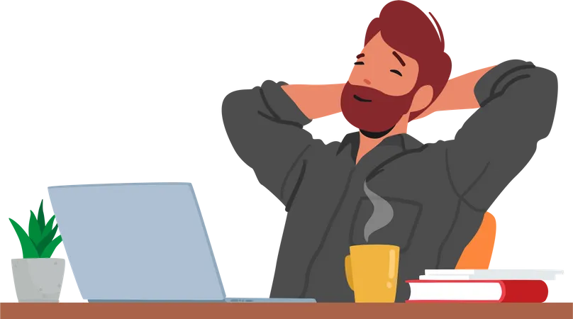 Personagem Masculino Relaxado No Notebook Homem Calmo Trabalhando Em Um Laptop Saboreando Uma Xicara De Cafe Em Sua Mesa Criando Uma Atmosfera Pacifica E Produtiva Ilustra O Vetorial De Pessoas Dos Desenhos Animados Ilustração