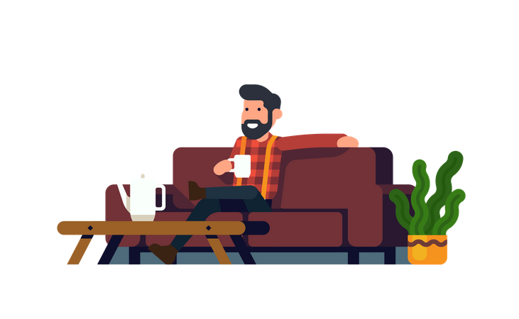Homem relaxado sentado no sofá segurando uma xícara de café  Ilustração