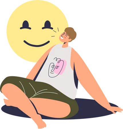 Homem Feliz Dos Desenhos Animados Sorrindo Com Os Olhos Fechados Sentado Relaxado E Satisfeito Com O Rosto Sorridente Personagem Masculino Jovem Calmo E Satisfeito Relaxando Ou Meditando Ilustracao Vetorial Plana Ilustração