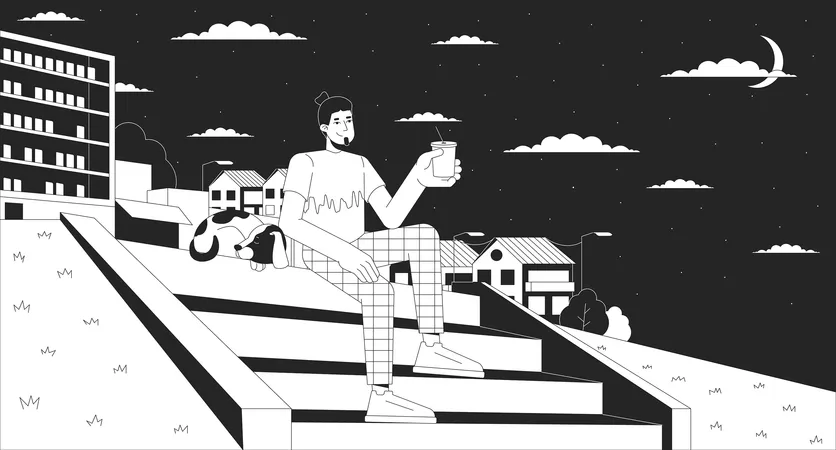 Homem relaxando com animal de estimação nas escadas à noite  Ilustração