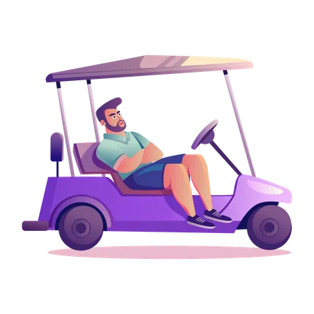 Homem relaxando em carrinho de golfe  Ilustração