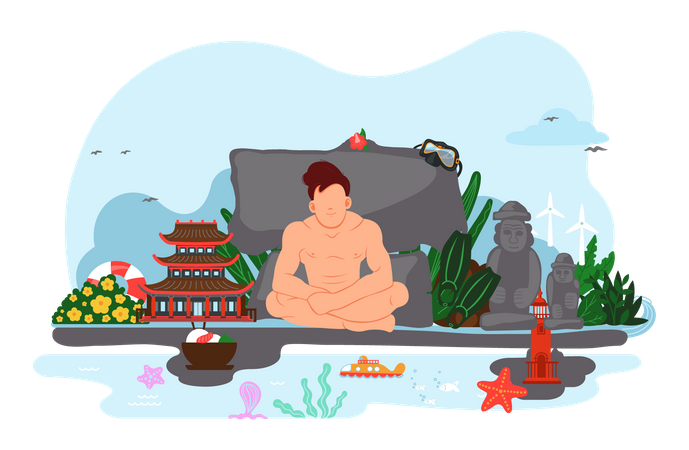 Homem relaxando na ilha de Jeju  Ilustração