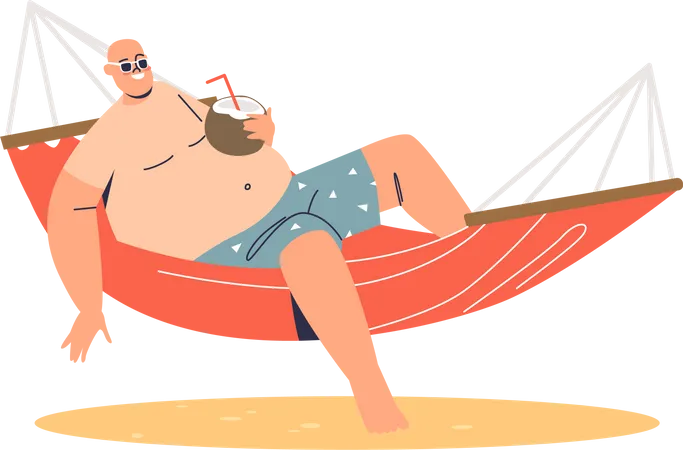 Homem relaxando na rede enquanto bebe suco de coco  Ilustração