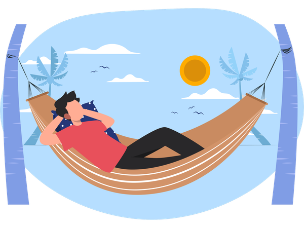 Homem relaxando na rede na praia  Ilustração