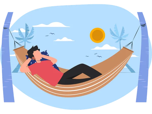Homem relaxando na rede na praia  Ilustração