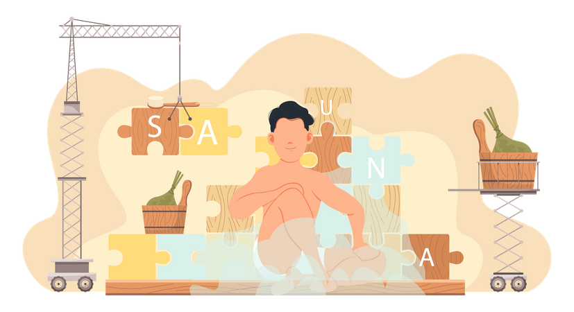 Homem relaxando na sauna a vapor  Ilustração