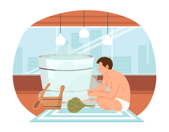 Homem relaxando na sauna  Ilustração