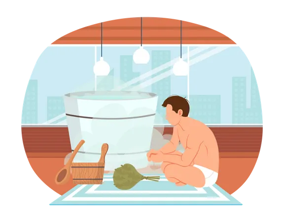 Homem relaxando na sauna  Ilustração