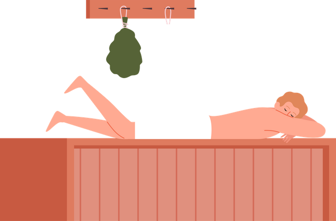 Homem relaxando na sauna  Ilustração
