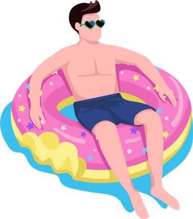 Homem relaxando no colchão de ar donut  Ilustração