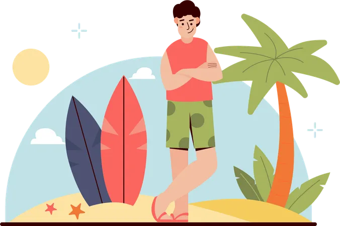 Homem relaxa na praia  Ilustração