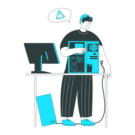 Homem conserta seu computador pessoal  Ilustração