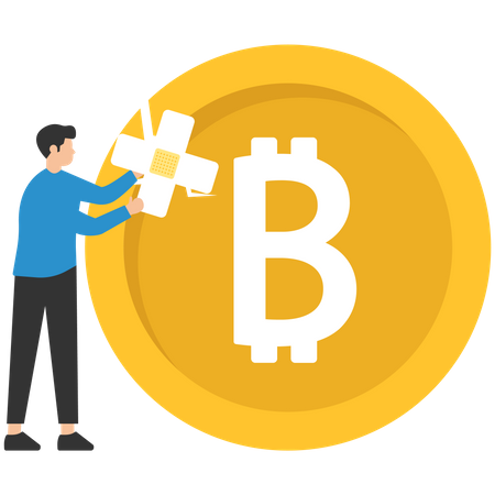 Homem reparando bitcoin  Ilustração