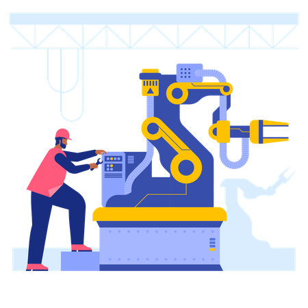 Homem consertando máquina industrial  Ilustração