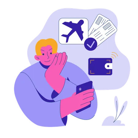 Homem reservando passagem aérea on-line  Ilustração