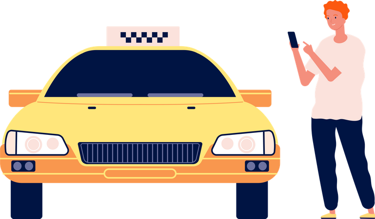 Homem reservando táxi no celular  Ilustração