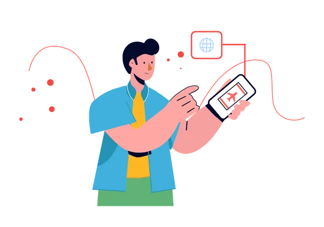 Homem reservando passagem aérea usando celular  Ilustração