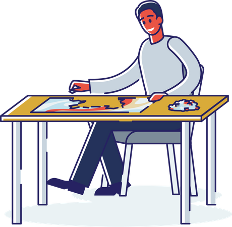 Homem resolvendo quebra-cabeça sentado à mesa  Ilustração