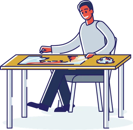 Homem resolvendo quebra-cabeça sentado à mesa  Ilustração