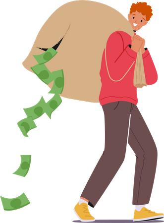 Homem rico carrega saco rasgado com dólares caindo do buraco  Ilustração