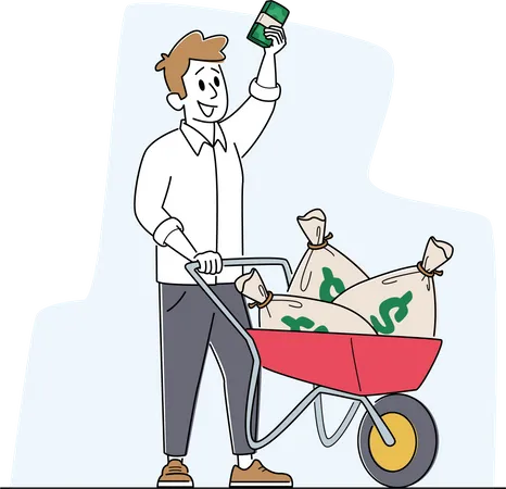 Homem rico com carrinho de mão cheio de sacos de dólares  Ilustração