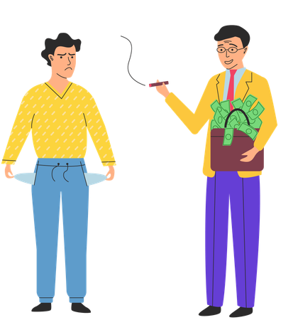 Homem rico feliz milionário e homem pobre mostra bolsos vazios  Ilustração