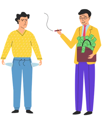 Homem rico feliz milionário e homem pobre mostra bolsos vazios  Ilustração