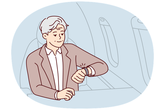 Homem rico e maduro olha para o relógio sentado no avião  Ilustração