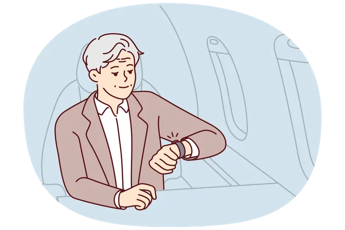 Homem rico e maduro olha para o relógio sentado no avião  Ilustração