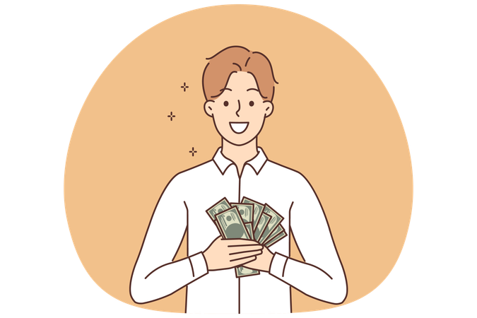Homem rico sorridente segurando uma pilha de notas de dólar e recebendo uma porcentagem do investimento  Ilustração
