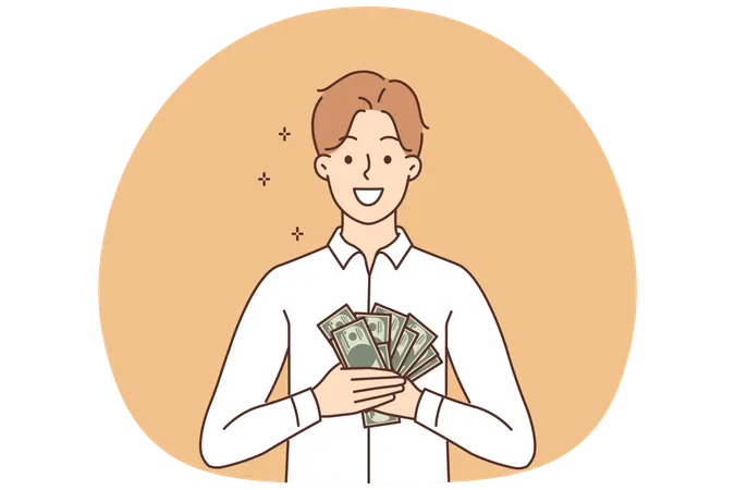 Homem rico sorridente segurando uma pilha de notas de dólar e recebendo uma porcentagem do investimento  Ilustração
