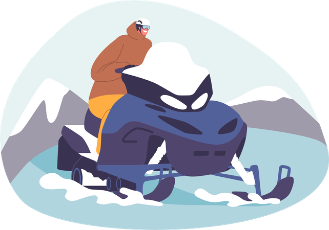 Masculino rugindo através de terreno gelado em snowmobile. Homem conquista a extensão nevada, ilustração vetorial  Ilustração