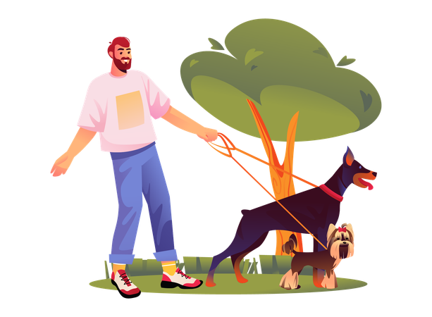 Homem saindo com cachorros  Ilustração