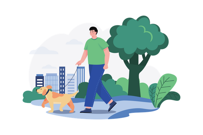 Homem fazendo caminhada matinal com cachorro  Ilustração